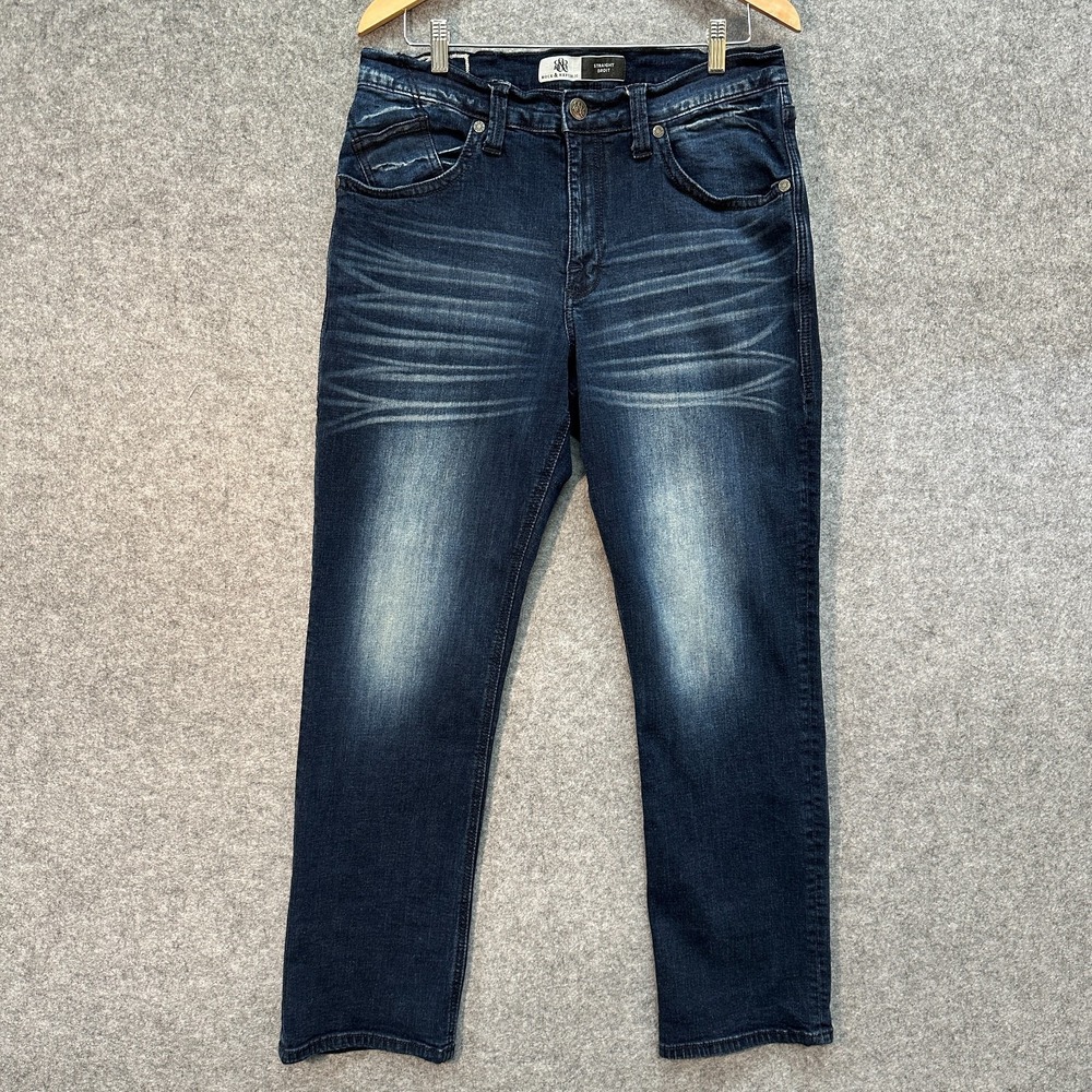 Rock and Republic Jeans Mens 36 Straight Dark Blue Distressed Embroidery EUC